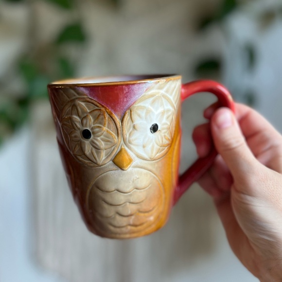 Cottagecore Owl Mug 🦉 Red & Tan Ceramic Coffee Cup by Elite Couture 🌿 Boho Cozy - Picture 7 of 8